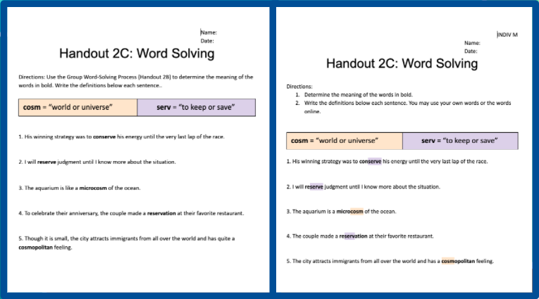 Two student handouts. On the left is a traditional handout. On the right is the same handout with the directions written in steps, and items highlighted and color coded.